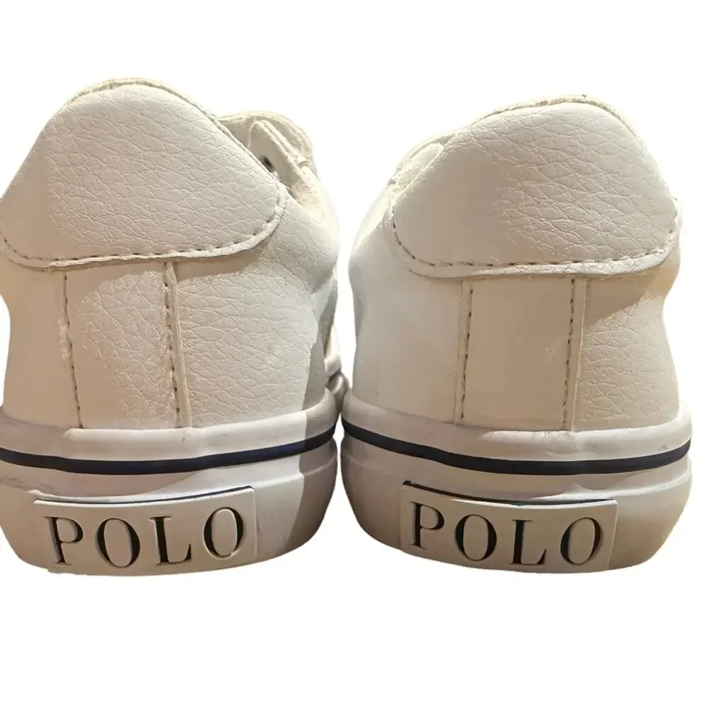 Polo Ralph Lauren Boys Size 9 White Leather Sneakers Grip Closure Elastic Laces